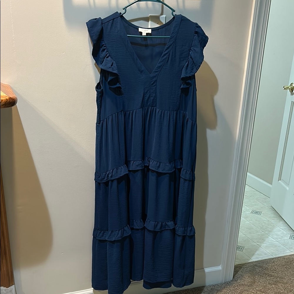 Navy Ruffle Sleeveless Dress